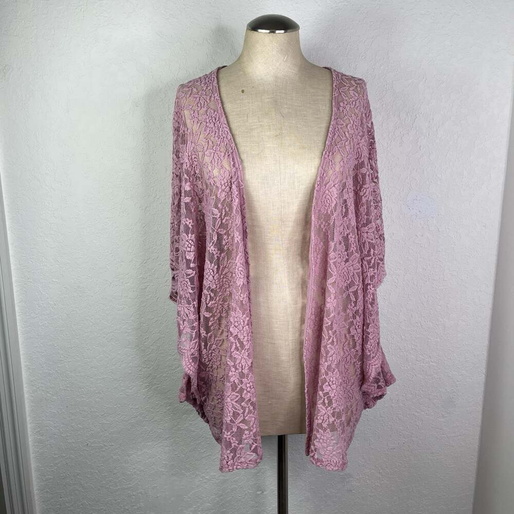 Liberty Love Pink Lace Open Front Cardigan Kimono Sleeve Size L boho romantic